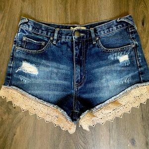 FREE PEOPLE High-Waisted Crochet-Hem Denim Shorts